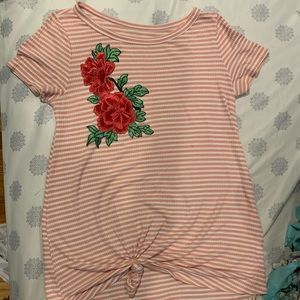 Pink and white t shirt with a rose embroidery